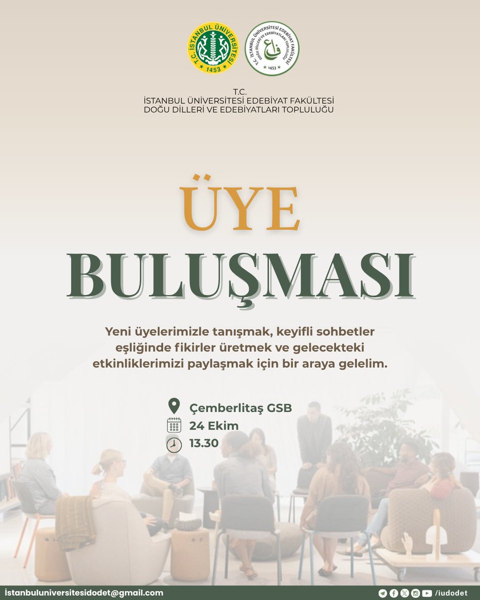 Sevgili DODET ailesi 😊
24 Ekim Cuma günü saat 13.30’da Çemberlitaş Gençlik Merkezi’nde buluşuyoruz.
Gelin, hem keyifli bir gün geçirelim hem de yaklaşan etkinliklerimiz hakkında konuşalım.
Bu arada… yiyecek içecek ikramımız var ama aramızda kalsın 😉
Hepinizi bekliyoruz 😇