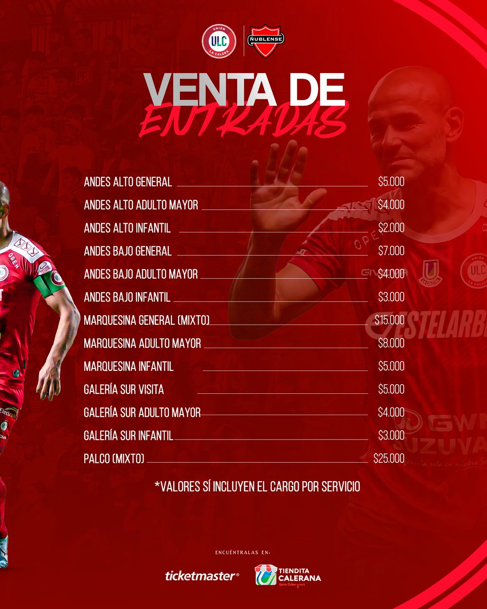 Las entradas para el duelo de este domingo ante Ñublense en casa ya están disponibles y queremos contar con todo su apoyo caleranos 🤞

Ingresa a ticketmaster.cl o dirígete a la Tiendita Calerana para no quedarte fuera de este importante partido en casa