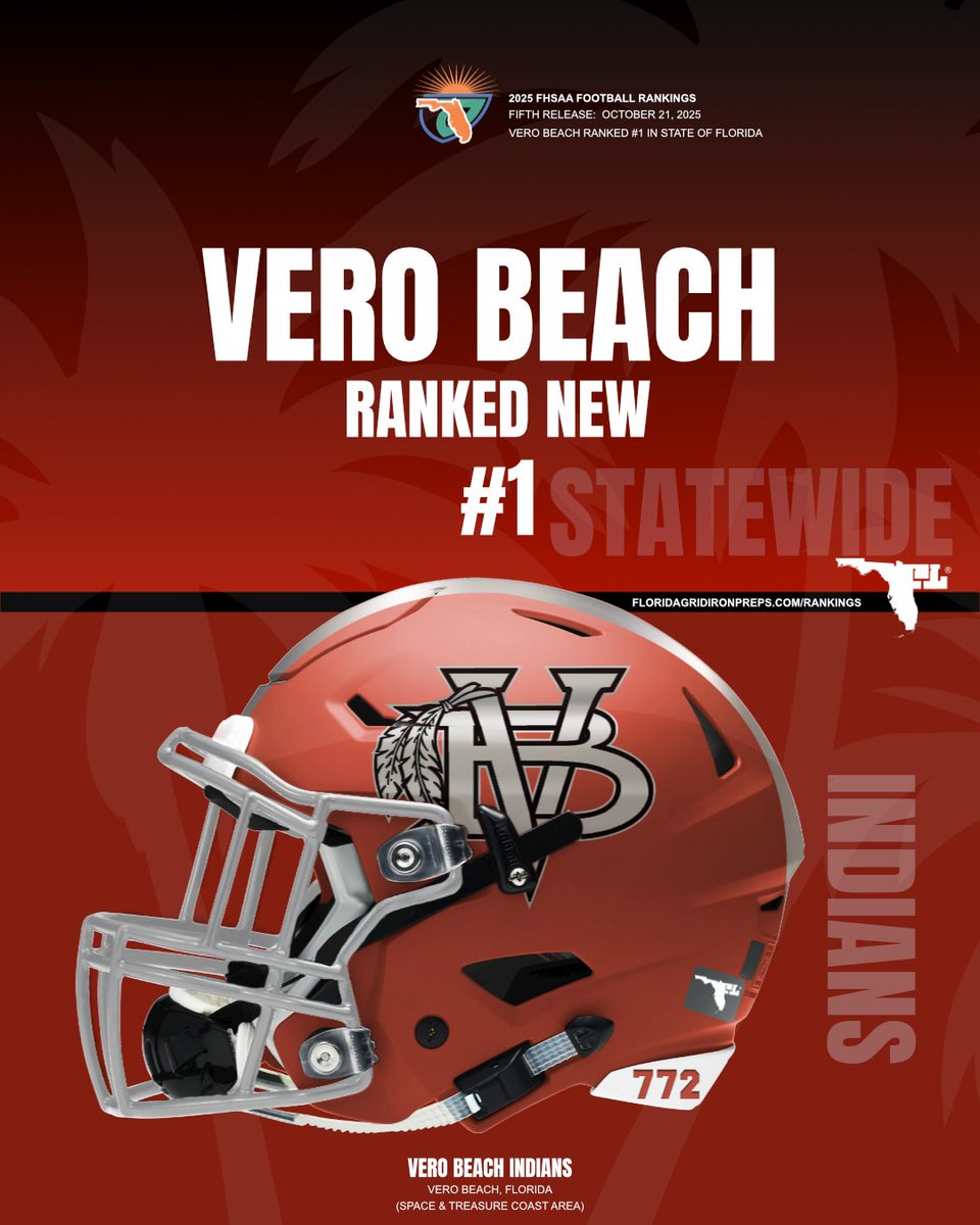 2025 <a href="/FHSAA/">FHSAA</a> FOOTBALL RANKINGS 🏈 
10/21/25 (5th Release) 

VERO BEACH IS FLORIDA'S NEW #1 RANKED TEAM
<a href="/VBFootball/">Vero Beach Football</a> 

Latest <a href="/FHSAA/">FHSAA</a> Football Rankings for Florida's 450 ranked teams -- October 21: floridagridironpreps.com/rankings/FHSAA… 
#FLgridiron