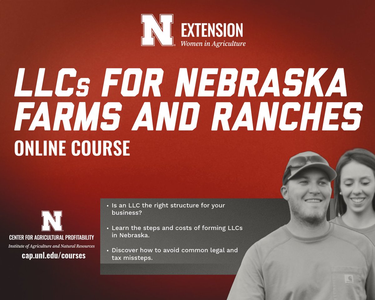 Save time. Avoid mistakes. Strengthen your business.

Our online course in partnership with <a href="/UNL_CAP/">UNL Center for Ag Profitability</a>, “LLCs for Nebraska Farms and Ranches,” helps producers make confident decisions about their business structure with expert insights and guidance. ›› go.unl.edu/llc 📲