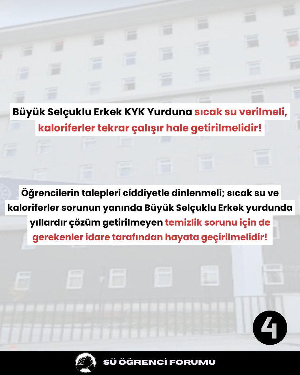 Kampüsümüz içerisinde bulunan Büyük Selçuklu Erkek KYK yurdunda sıcak su yok, kaloriferler çalışmıyor! 

Büyük Selçuklu Erkek KYK yurduna 1 haftadan fazladır banyolara sıcak su verilmiyor, kaloriferler çalışmıyor. Kış mevsimine girdiğimiz bu günlerde sıcak suya ve kalorifere