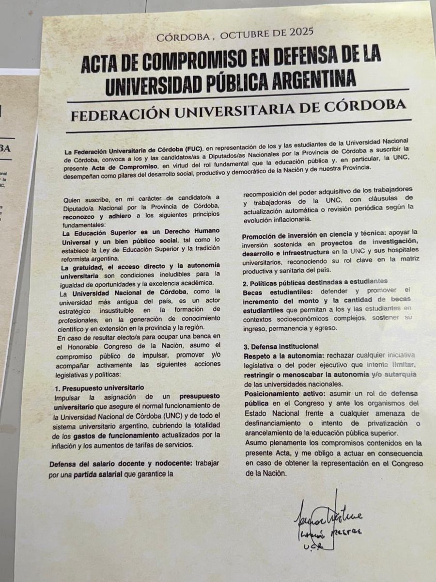 Soy de los que piensan que a las palabras no se las lleva el viento. Por eso, junto a jóvenes de la <a href="/FUCordoba/">Federación Universitaria de Córdoba</a>, firmé un acta/compromiso al que adherí, adhiero y adheriré por plena convicción:

1. La Educación Superior es un Derecho Humano Universal y un bien público social, tal