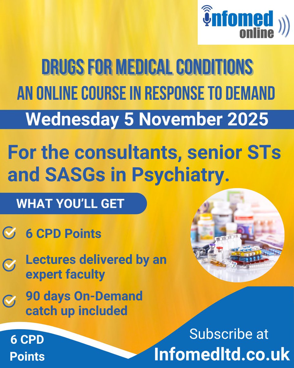InfomedOnline's tweet image. Just 2 weeks to Drugs for Medical Conditions in Psychiatry – Wed 5 Nov 2025, live online. 

One-day course updating meds for medical disorders in psychiatric practice. 6 CPD credits.