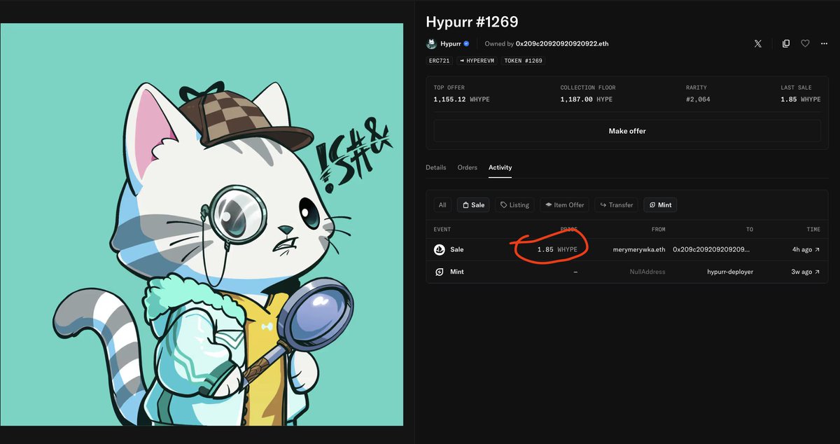Dafuq did someone just accept a 1.85 $hype bid for a Hypurr? 

Current FP 1187