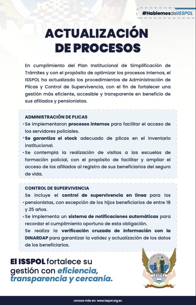 ⚙️ El ISSPOL optimiza sus procesos institucionales

Se fortalecen los procedimientos de Administración de Plicas y Control de Supervivencia, promoviendo una gestión más eficiente, transparente y cercana.

#ISSPOLInforma