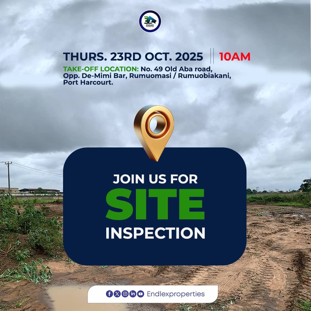 EndlexGroup's tweet photo. Join us for a Site Inspection!

Thurs, 23rd Oct. 2025 Time: 10AM
Take-off: No. 49 Old Aba Rd, Opp. De-Mimi Bar, Rumuomasi/Rumuobiakani Road, PH

See our estates, explore offers &amp; start your investment journey with Endlex Properties.
#EndlexProperties #SiteInspection #RealEstatePH https://t.co/GKAfLP3wlu