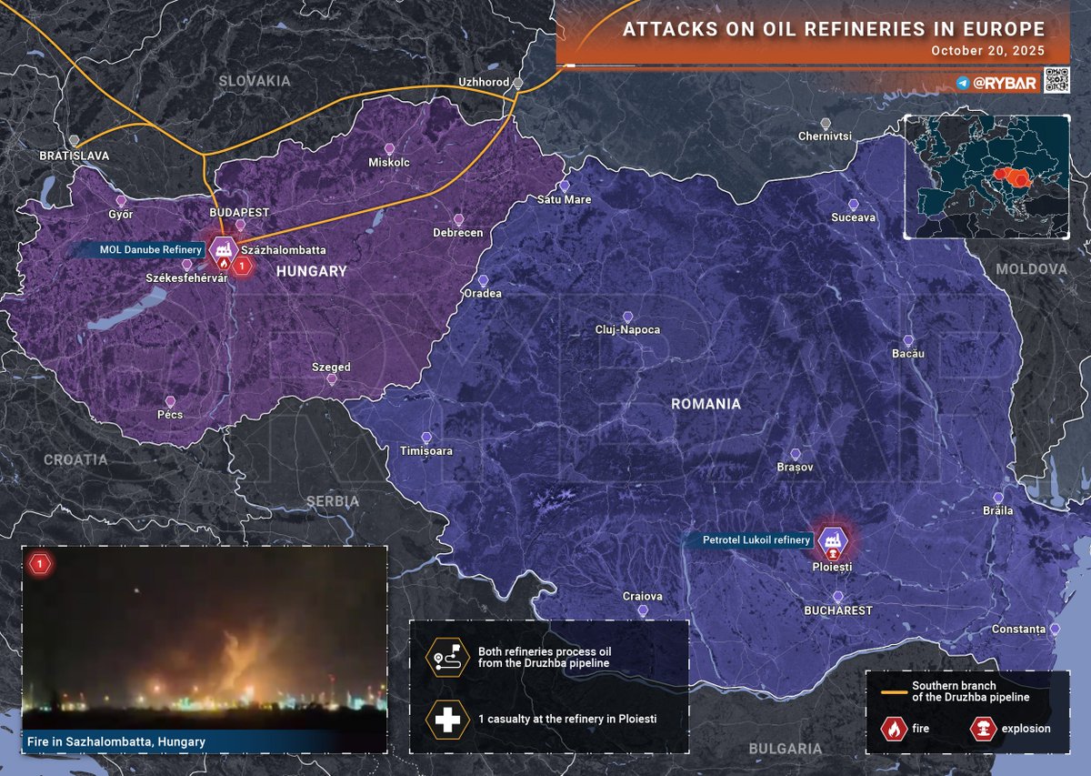 Map of Eastern Europe highlighting Romania and Hungary in purple with marked locations including red dot for Petrotel-Lukoil refinery in Ploiesti Romania and another for MOL Danube Refinery in Szazhalombatta Hungary small inset image shows fire and smoke at a refinery facility with overlaid text labels for both refineries and incident details.