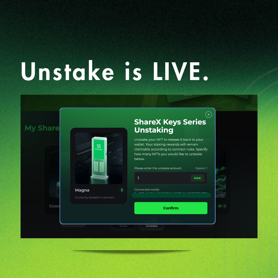 Big news  Big news 

<a href="/ShareX_Network/">ShareX</a> Keys Series Update: Unstake is now live .Take control of your Keys and unlock new opportunities. 

#ShareX #TreasureX