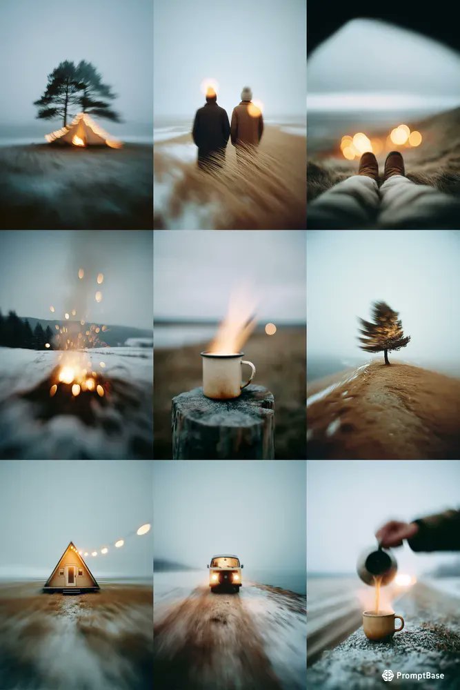 promptbase's tweet image. Winter Bokeh Camping Aesthetics by klay using Midjourney 🏕️❄️
