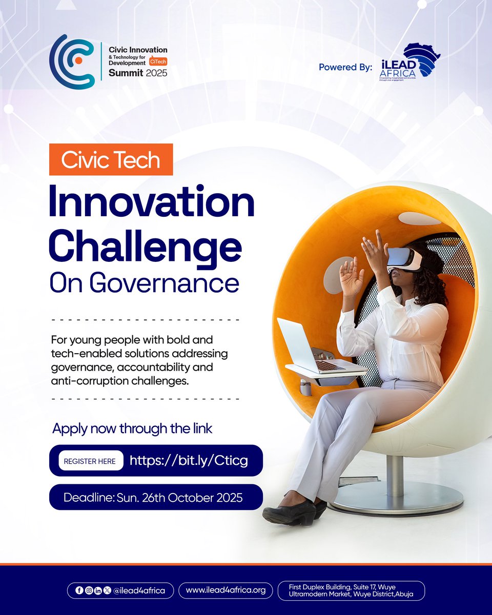 ilead4africa's tweet image. 🚀 Call for Applications!
Got a tech idea that promotes good governance, transparency & accountability?
Apply for the Civic Tech Innovation Challenge & showcase at #CiTechSummit2025 in Abuja!
📅 Deadline: Oct 26
🔗 bit.ly/Cticg
#CivicTech #OpenGovernance #TechforGood