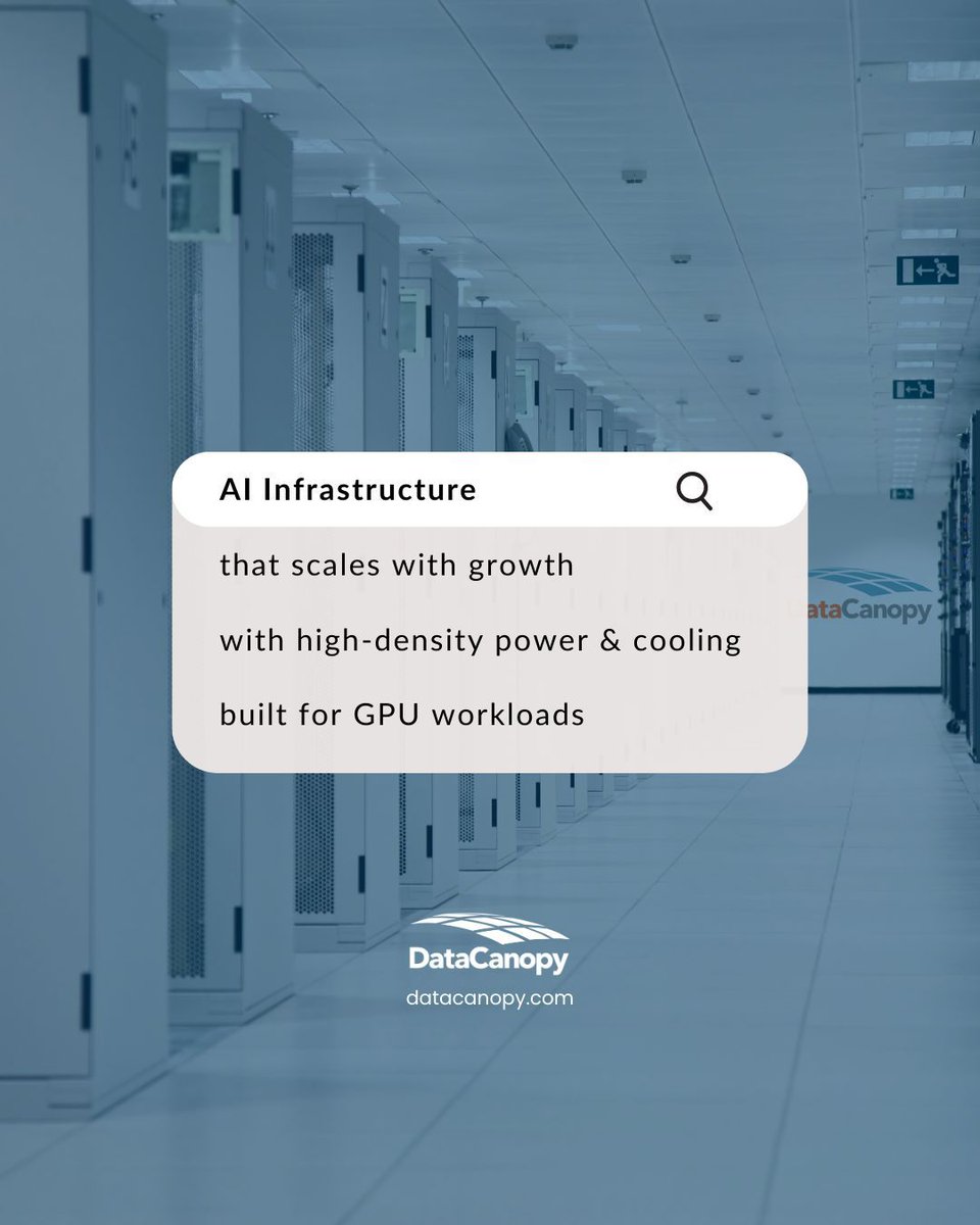 datacanopy's tweet image. Looking for AI infrastructure that scales?
✅ High-density power & cooling
✅ GPU-optimized colocation
✅ Built to grow with your workloads
Power your AI with Data Canopy → datacanopy.com
#AI #GPU #Colocation #HighDensity #DataCanopy