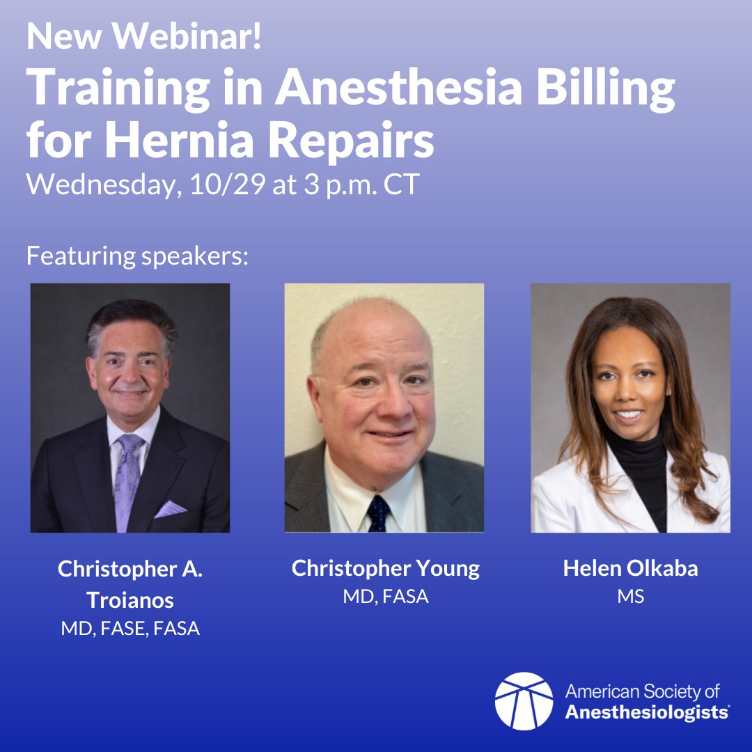 ASALifeline's tweet image. Join an expert team for a live webinar and Q&A, Training in Anesthesia Billing for Hernia Repairs. Learn how to accurately apply the updated coding structure for hernia repairs, including complex and time-intensive procedures. Register: ow.ly/Ab0w50Xgw2S
#AnesthesiaCoding