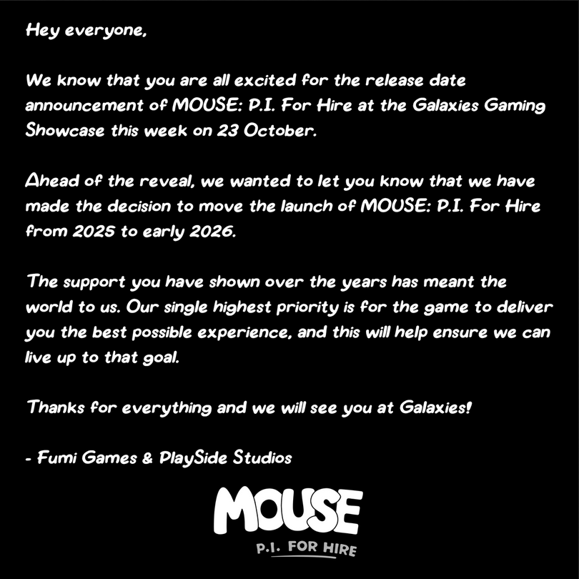 NintendoMan064's tweet image. #MousePIforHire has been delayed for early 2026.🕵️ Still hype for this game to be release &amp;amp; understand why they need this. We where so close to play this!🎮
#MousePI #Animation #FPS #XboxOne #XboxSeries #Xbox #PS4 #PS5 #PlayStation #NintendoSwitch #Steam #PCgaming #Gaming
