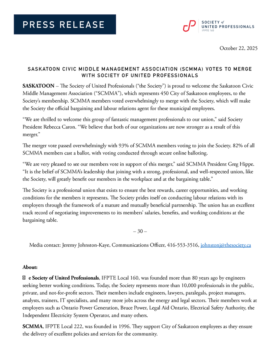 We are proud to welcome the members of SCMMA to the Society. 
SCMMA members voted overwhelmingly to merge with the Society, making the Society the bargaining and labour relations agent for these Saskatoon municipal employees.