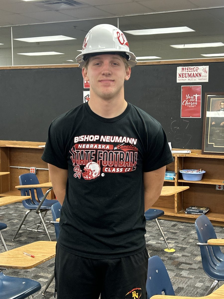 CoachPavlikBNHS's tweet photo. Kobe Miller EARNED the Hard Hat at last Friday’s game. Kobe has played multiple positions this season doing whatever is needed for the Cavaliers. His selfless attitude is outstanding! #CompassionForOthers https://t.co/FNZBmr9fuV