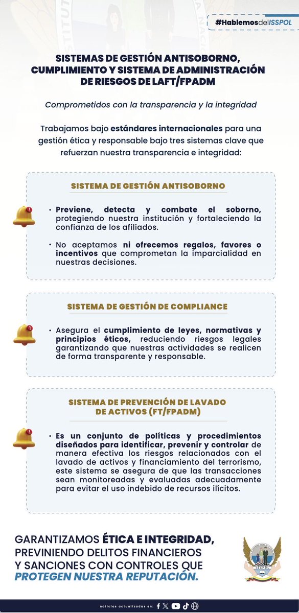 🔍 SISTEMAS DE GESTIÓN QUE BLINDAN NUESTRA INSTITUCIÓN

Aplicamos estándares internacionales en cumplimiento normativo, gestión de riesgos LAFT/FPADM, y prevención del soborno.

Garantizamos ética, integridad y transparencia.

#HablemosDelISSPOL