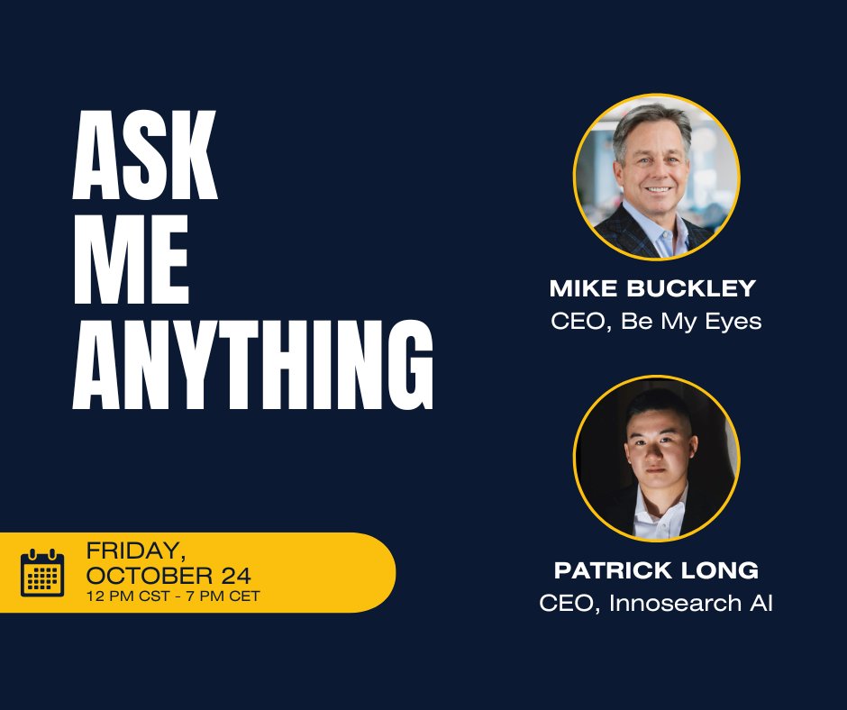BeMyEyes's tweet image. AMA Alert! This Friday 12 PM CST / 7 PM CET, our CEO Mike Buckley joins Patrick Long for the first-ever live AMA in the Be My Eyes app! Ask anything about AI, accessibility, entrepreneurship &amp;amp; tech.

Download the app and join the conversation!

bemyeyes.com/download-app/