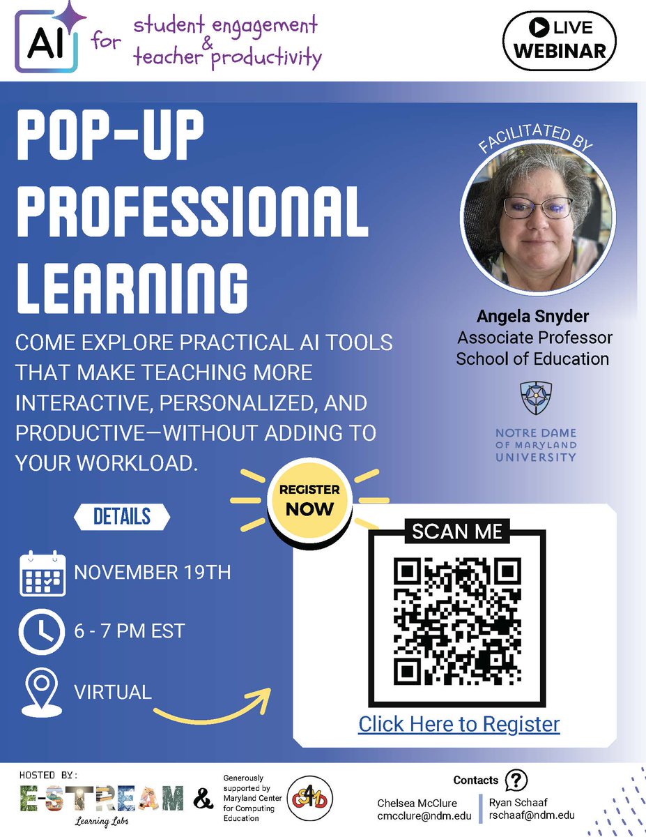🚀 Pop-Up PD Alert!
Join @NotreDameofMDU &amp; E-STEAM Learning Labs on Nov 19 | 6–7 PM EST for a live virtual session on using AI to boost student engagement &amp; teacher productivity—without adding to your workload! 💡
🔗 Register: ndmu.zoom.us/meeting/regist…
#AIinEducation #EdTech