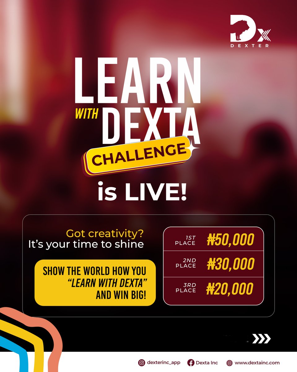 dextainc's tweet image. Are you ready to put your skills to the test?
The #LearnWithDexta Challenge rewards creativity, effort, and community.

Join the movement, showcase your brilliance, and win up to ₦50,000!

ENTRY HAS STARTED. Tag the people you&apos;d like to see win this challenge.

#skillchallenge