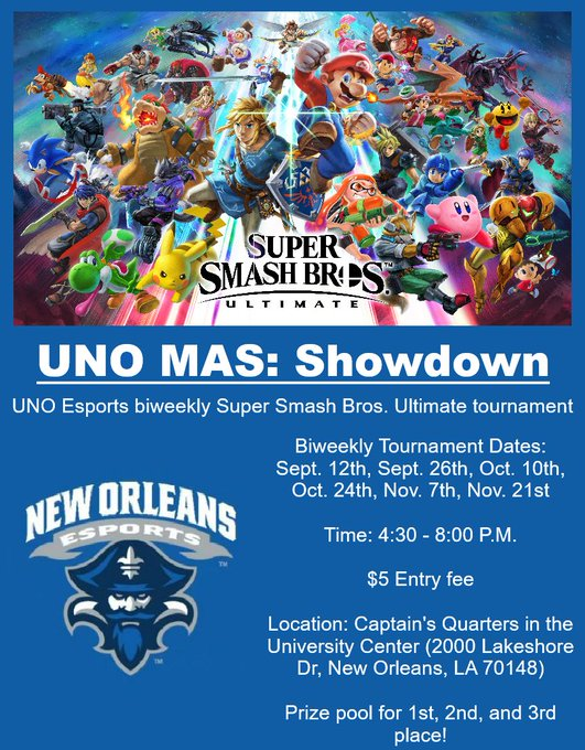 LSUNOEsports's tweet photo. UNO MAS Smash Ultimate #30 is happening THIS Friday, October 24th at 4:30PM! Do you have what it takes to reach the top of the bracket? Come prove yourself! (Open to all Louisiana players) Here is all the info you need to know: (Sign-up link in comments) https://t.co/BEAi1UeFTt