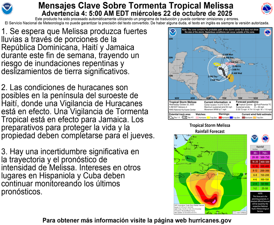 11am EDT Key Messages for #Melissa in the Central Caribbean:

Heavy rainfall expected across the Dominican Republic, Haiti, &amp; Jamaica through this weekend. 

There remains significant uncertainty about the track &amp; intensity forecast, so stay updated at hurricanes.gov.