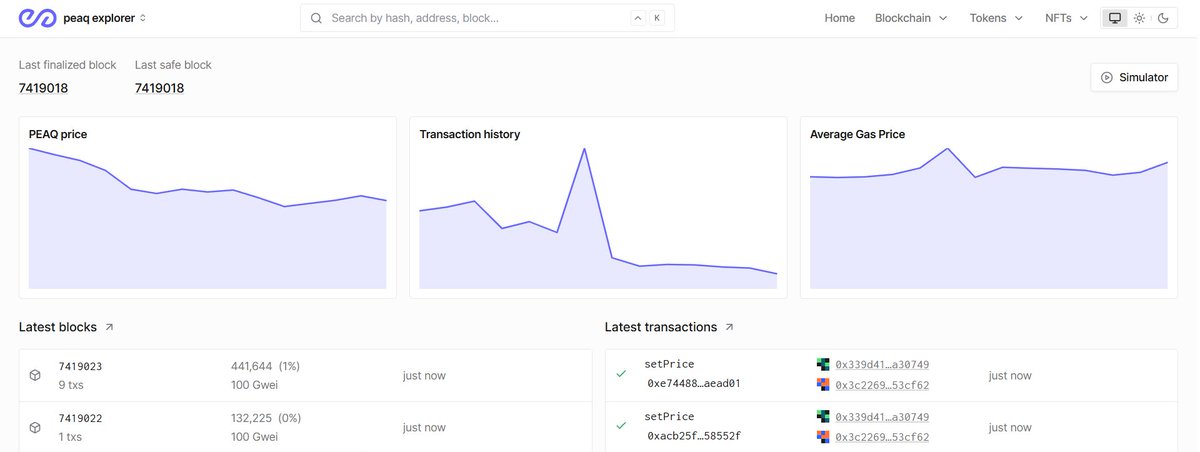 DeFiDecoder_'s tweet image. The shiny new peaqscan is giving @peaq a much more professional outlook
Besides looking good and having a night mode, this is also a great tool for building on Peaq
You can use it to simulate $PEAQ txs and explore smart contracts functions and debug
