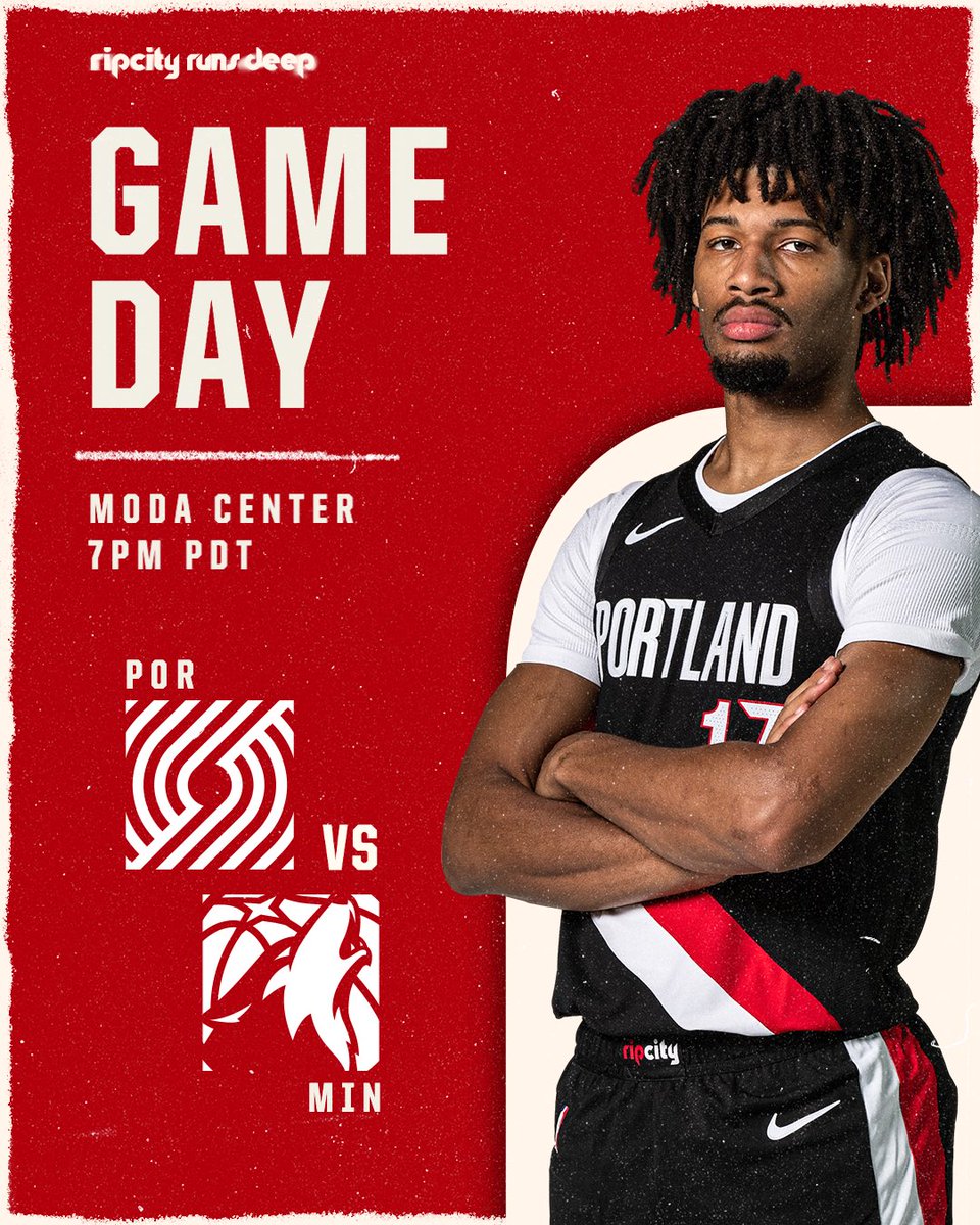 GOOOOD MORNINGGGG RIP CITYYYYY

🏀 #RipCity vs @Timberwolves 
🏟️ @moda_center 
🕔 7:00 P.M. PDT
📺 BlazerVision // KUNP // Rip City Radio 620 