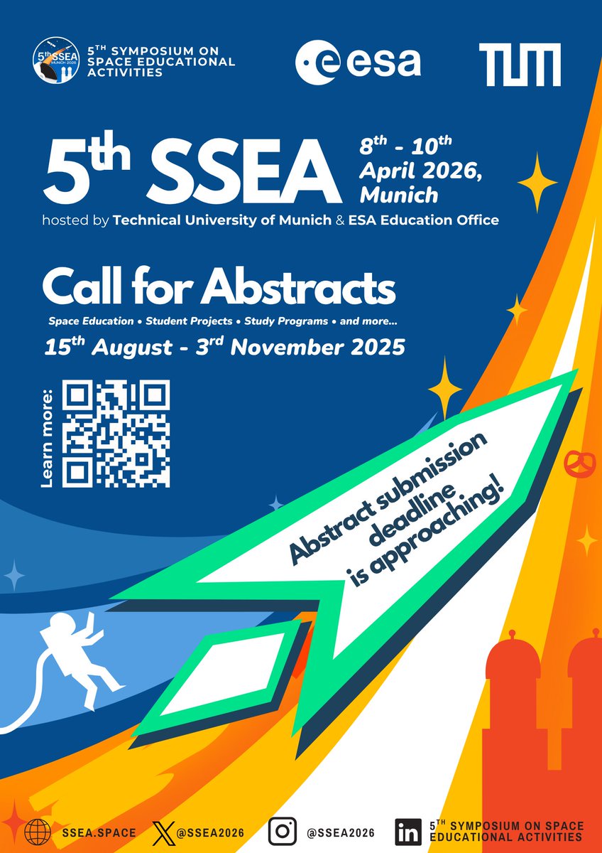 3rd of November is the deadline to submit your abstract for the #SSEA2026
🚀Share your research and connect with the next generation of space professionals 👉 ssea.space/call-for-abstr…
🎓Student scholarships are available 👉 ssea.space/scholarships/