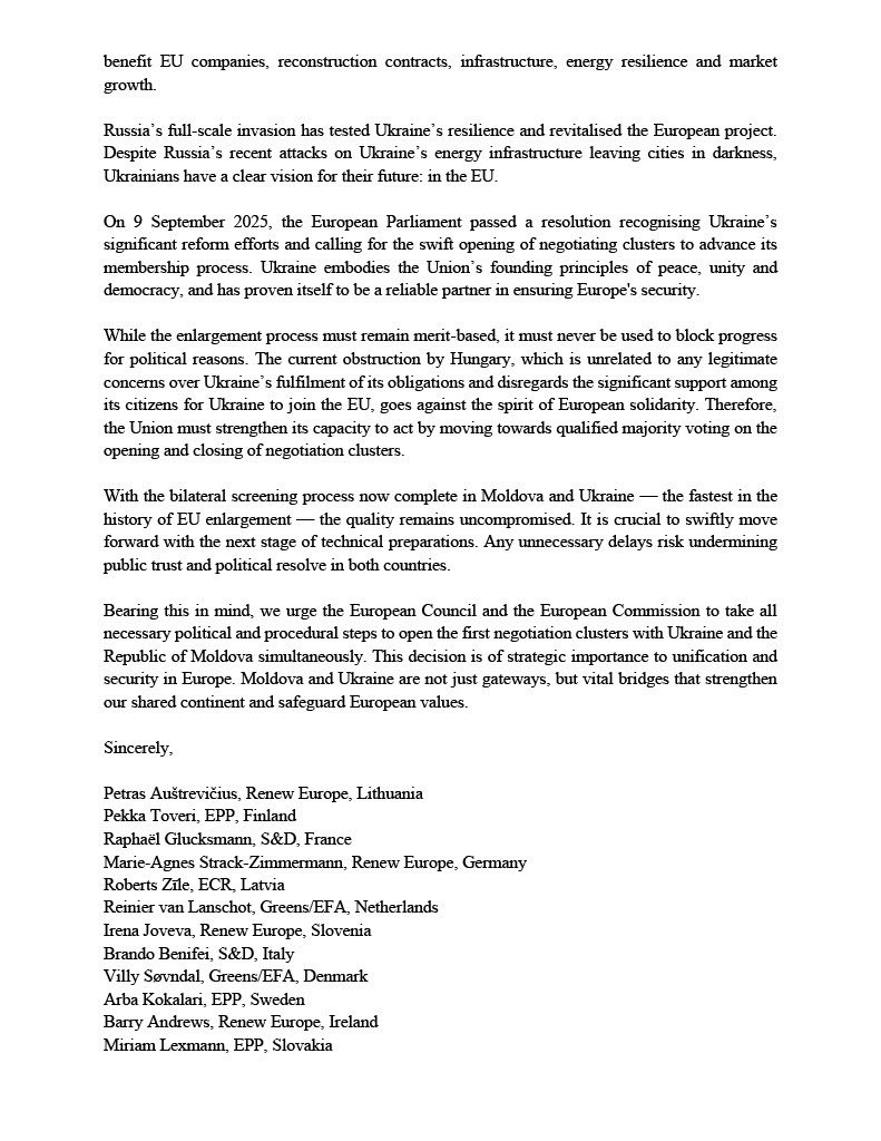 ratasjuri's tweet photo. Together with other colleagues, I am urging the EU to move forward with Ukraine and Moldova's accession. Both have met the conditions, but political obstacles remain. EU must stay united and support their path based on merit, democracy, and shared values. https://t.co/ei1sSii2Lg
