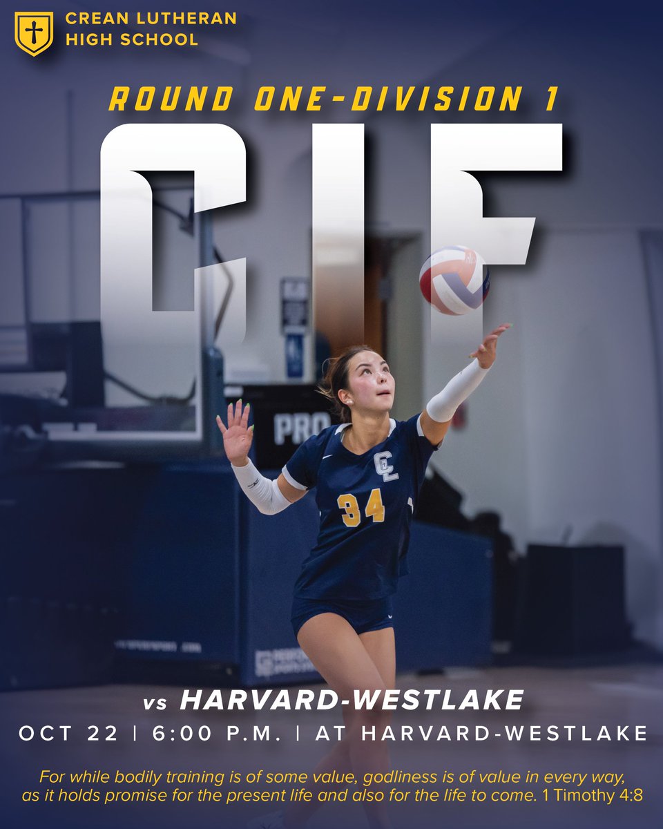 Crean Lutheran (@creanlutheranhs) on Twitter photo CIF Round 1: The Crean Lutheran Girls Volleyball Team will play on the road at Harvard Westlake today, October 22, at 6:00 p.m. for the first round of CIF Division 1 Playoffs. Let’s Go Saints!  Philippians 2:3–4 CIF Round 1: The Crean Lutheran Girls Volleyball Team will play on the road at Harvard Westlake today, October 22, at 6:00 p.m. for the first round of CIF Division 1 Playoffs. Let’s Go Saints!  Philippians 2:3–4