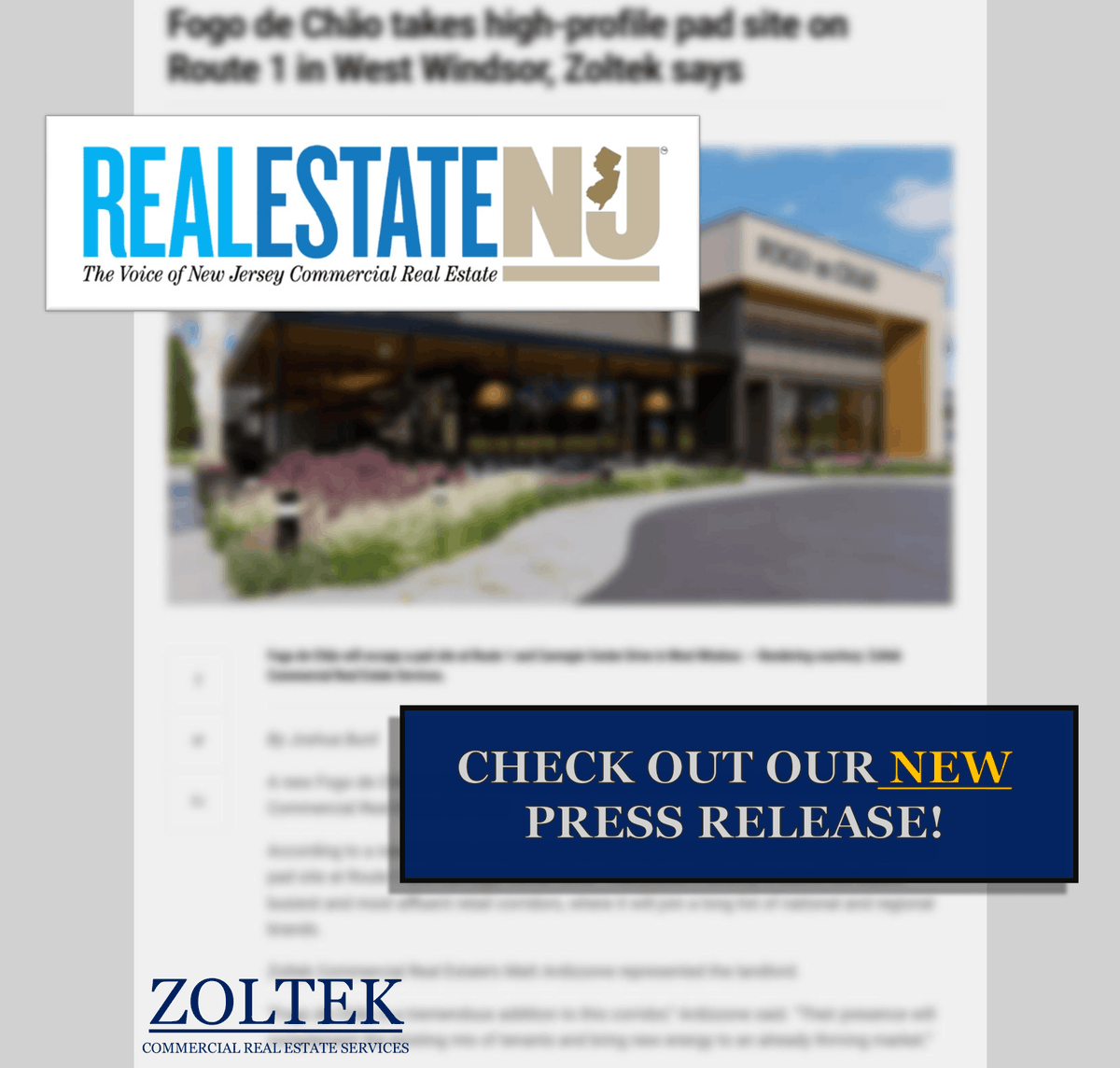 zoltekcre's tweet image. Extra! Extra! 🗞️🗞️
Zoltek CRE and Matt Ardizzone are featured in Real Estate NJ for our recent Fogo de Chão lease in West Windsor!

Check out the article — Copy link below to view 👇
re-nj.com/fogo-de-chao-t…

#PressFeature #ZoltekCRE #FogoDeChao #CREnews #WestWindsor #realestatenj
