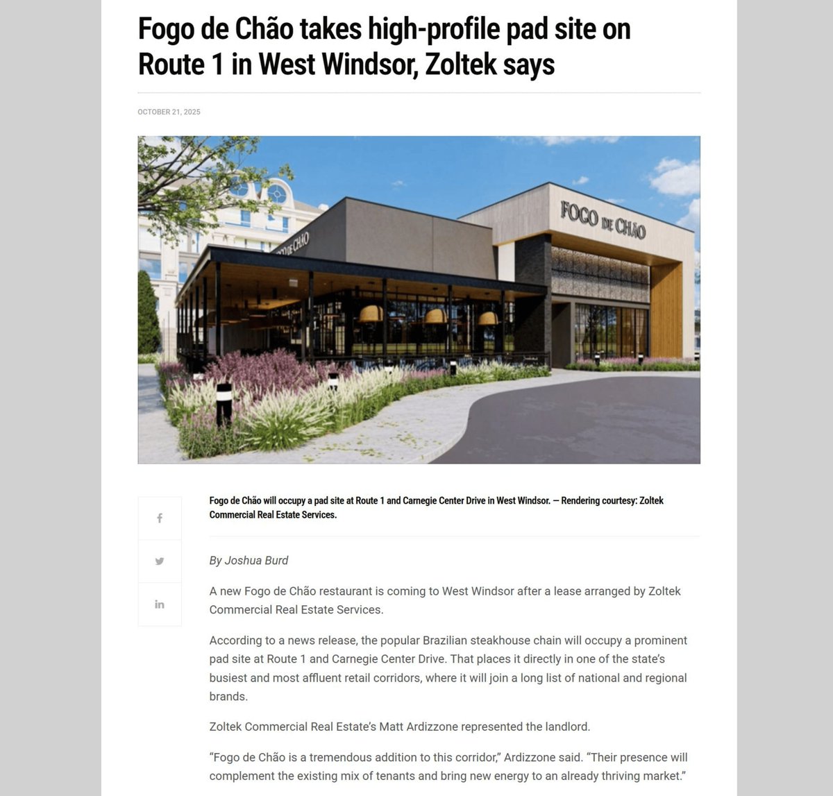 zoltekcre's tweet image. Extra! Extra! 🗞️🗞️
Zoltek CRE and Matt Ardizzone are featured in Real Estate NJ for our recent Fogo de Chão lease in West Windsor!

Check out the article — Copy link below to view 👇
re-nj.com/fogo-de-chao-t…

#PressFeature #ZoltekCRE #FogoDeChao #CREnews #WestWindsor #realestatenj