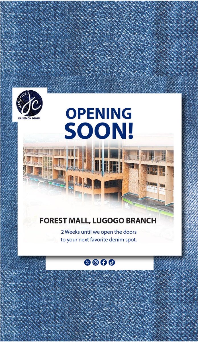 jeansclub_ug's tweet image. 👖 Get ready, Forest Mall! 👀
A whole new Jeans Club experience is about to land.
✨ Opening Soon!
📍 Block B, 1st Floor, Shop BS09, Forest Mall, Lugogo
📞 0772 558 913 | 0772 921 858
#JeansClub #RaisedOnDenim #ForestMall #UgFashion #NewVibes