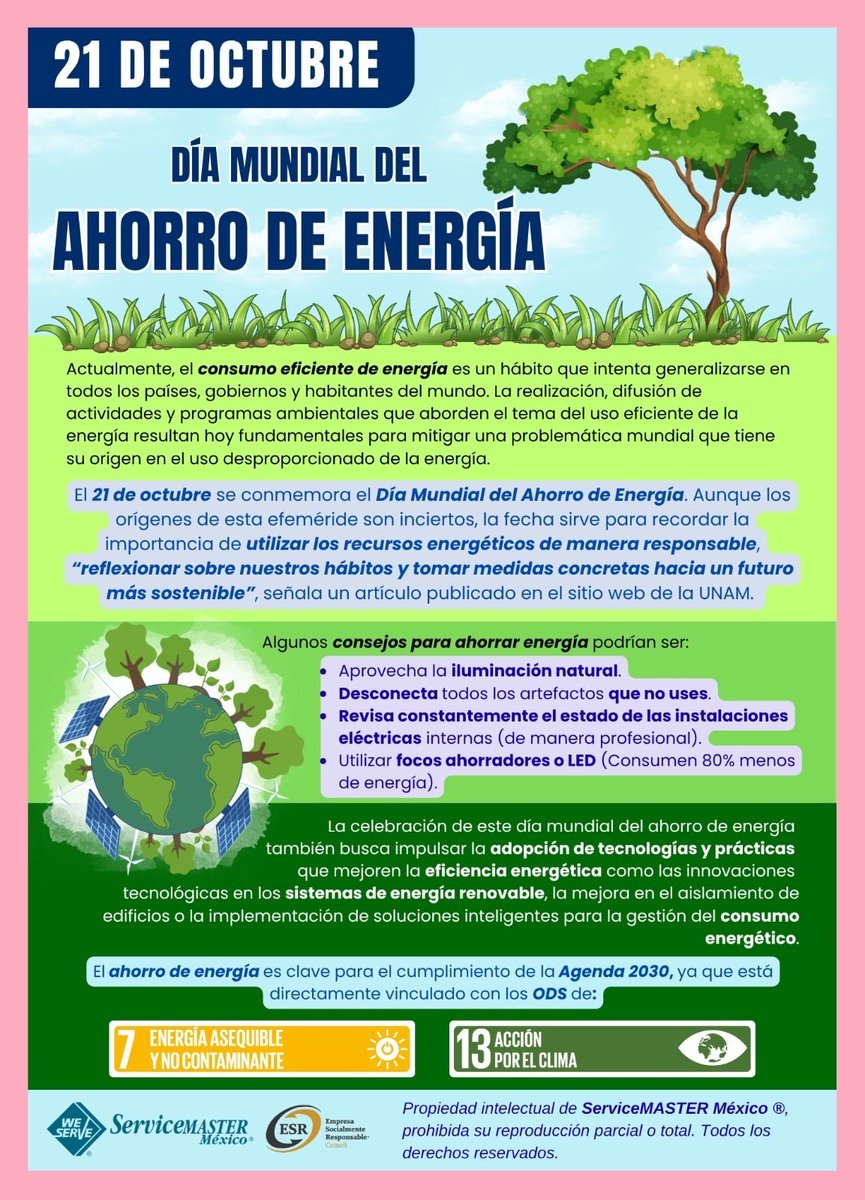 ServiceMasterM7's tweet image. 💡El #21deoctubre se celebra el #DíaMundialDelAhorroDeEnergía con el objetivo de invitar a la sociedad a reflexionar sobre el consumo energético que realizamos en el día a día. Con pequeñas acciones, podemos hacer un uso más eficiente de la energía.♻️

#ESR  #servicemastermexico