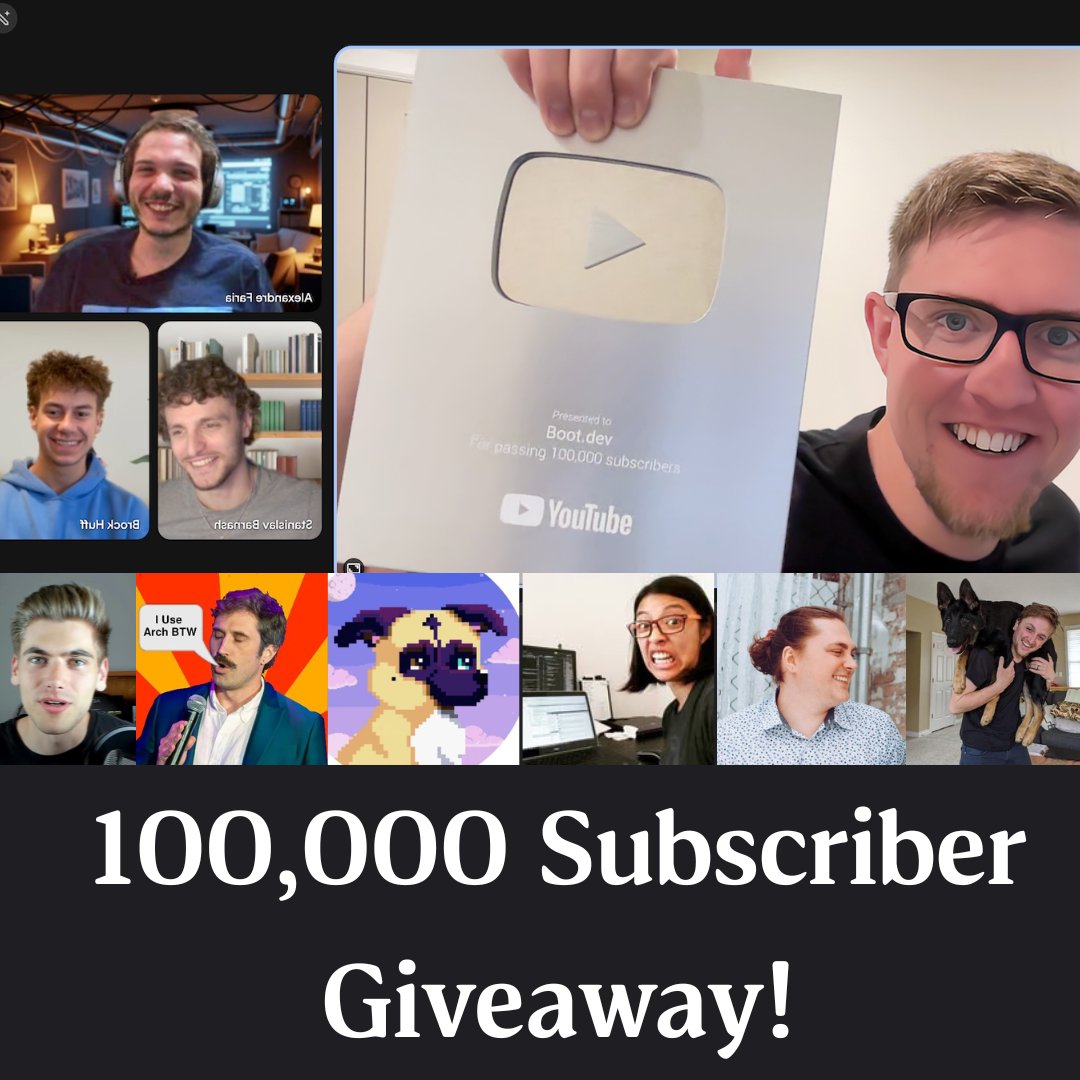 bootdotdev's tweet image. We just hit 100k subs on YouTube!!! To celebrate, we're giving away a full year of Boot.dev access ($349 value each) to 5 winners! To enter to win, just like, comment, and share this post. We'll choose 5 winners randomly (or perhaps based on funny comments? O.o)