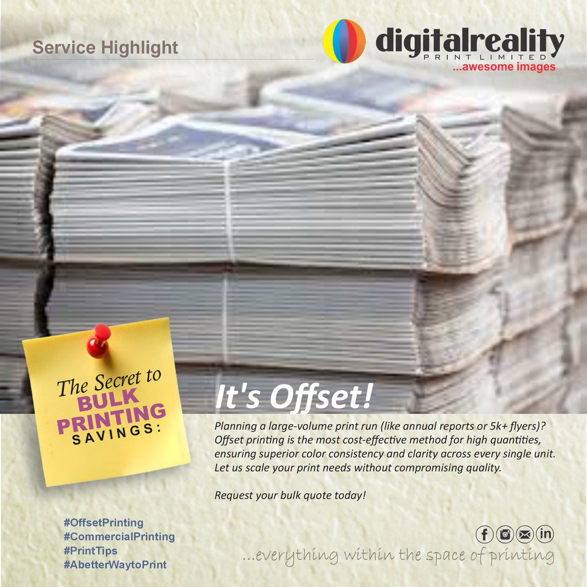DigitalrealityL's tweet photo. Planning a large-volume print run (like annual reports or 5k+ flyers)? Offset printing is the most cost-effective method for high quantities, ensuring superior color consistency and clarity across every single unit. Let us scale your print needs without compromising quality. https://t.co/MBLiWpXKzG