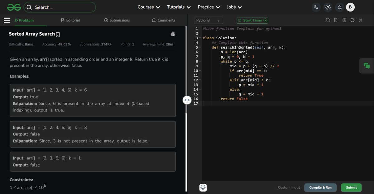 bhaskar_dubey7's tweet image. Day 6 - 60 Days Logic Building & DSA Challenge 🚀
Solved “Search in Sorted Array” using Binary Search 💡
Learning to divide, conquer & code smarter! ⚡
#60DaysOfCode #DSA #CodingChallenge #BinarySearch #LearnCoding #Day6