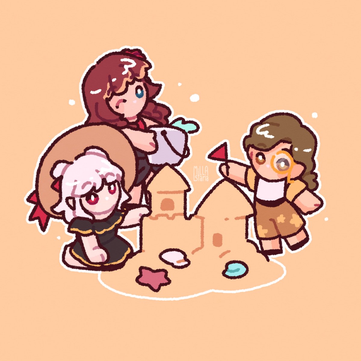 today's mini fellas are v!shelby pearl and drift building sandcastle together!!

yup you folks get more beach episode stuff 
#vampiresbeachday #vampiressmp  #minifellas #art