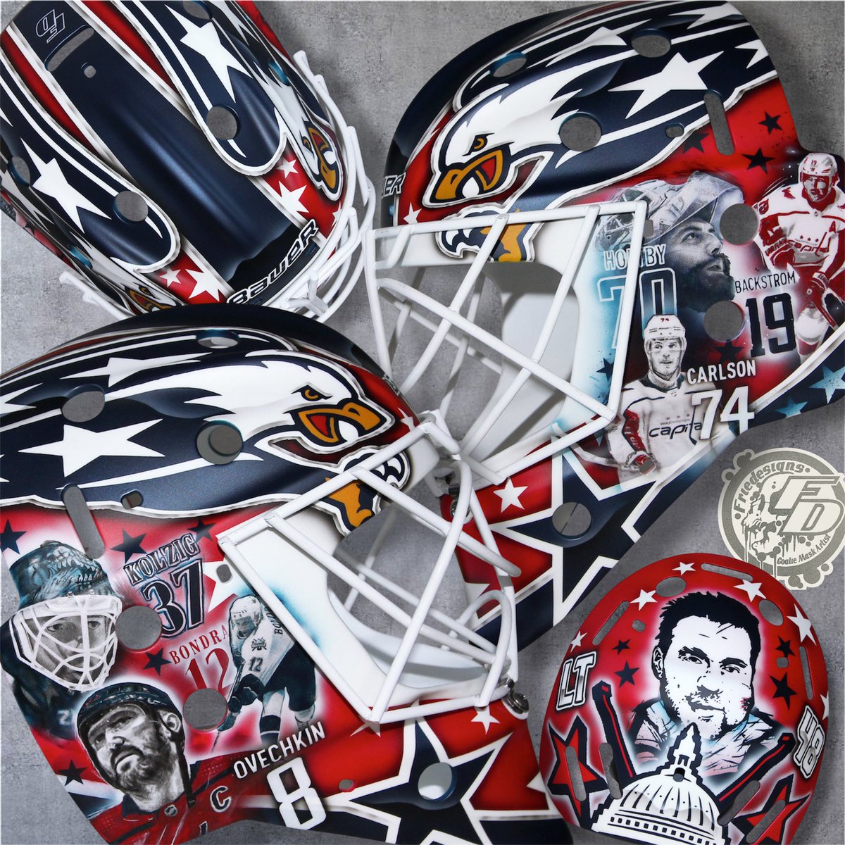 Fun retro design for Logan Thompson
to go with the <a href="/Capitals/">Washington Capitals</a> screaming eagle jersey. Logan paid tribute to some past &amp; present Capitals players! Thanks LT, rad one!