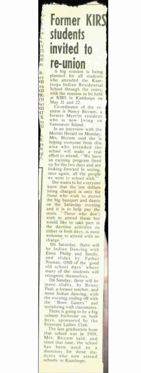 The Kamloops Residential School reunion in 1977 offered graduates a souvenir publication and two days of activities. 

The guestbook had 280 signatures. Former student and member of parliament Len Marchand was there, along with three Indigenous teachers.

Genocide didn’t come up.
