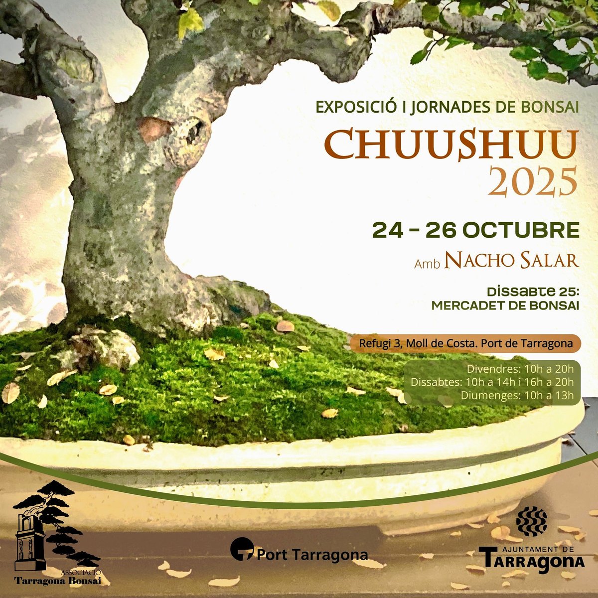 Quan la tardor arriba, omplim el Refugi 1 de natura i bonsais.
Us esperem a les jornades #chuushuu2025

Exposició de bonsais, tallers, activitats, xerrades i mercadet. Tot al voltant de l’afició als bonsais i l’art floral japonès.

Refugi 1 sala 2 del Moll de Costa <a href="/PortTarragona/">Port Tarragona</a>