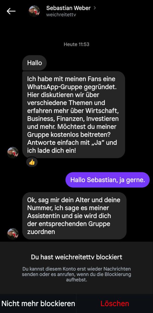 ⚡️Achtung Fake Profile unterwegs!⚡️
Hierbei handelt es sich um kein offizielles Profil von WeichreiteTV. Auch auf Instagram werden einige Menschen von diversen "Weichreites" angeschrieben. 
Hier nochmal zum vergleichen die offiziellen Links zu Weichreite TV 🧢

Instagram
⏩⏩