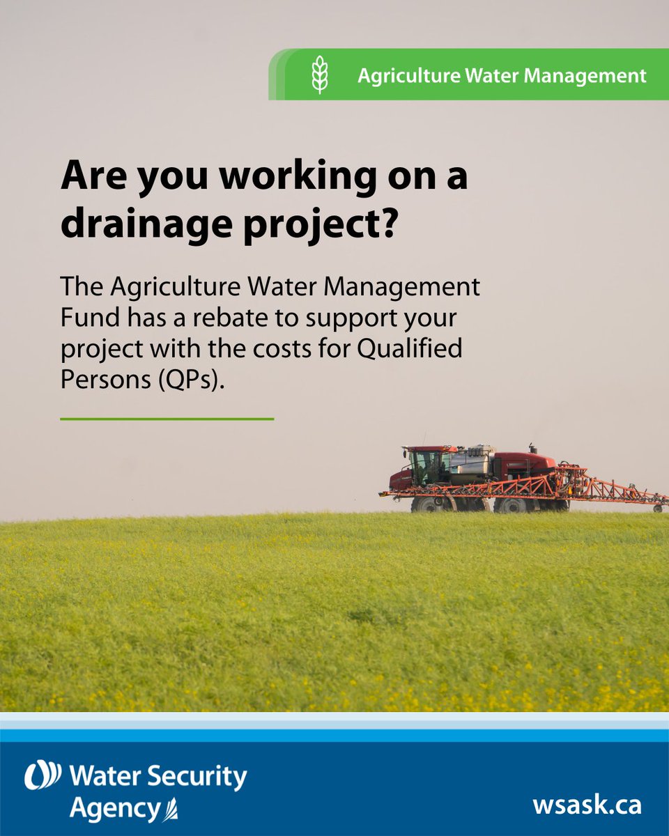 WSASK's tweet image. The Ag Water Management Fund rebate offers support for QP work on targeted drainage projects, including the basic technical, communication, project development and project management. The deadline to submit rebate applications is Feb. 15, 2026. Learn more: bit.ly/46iOxnG