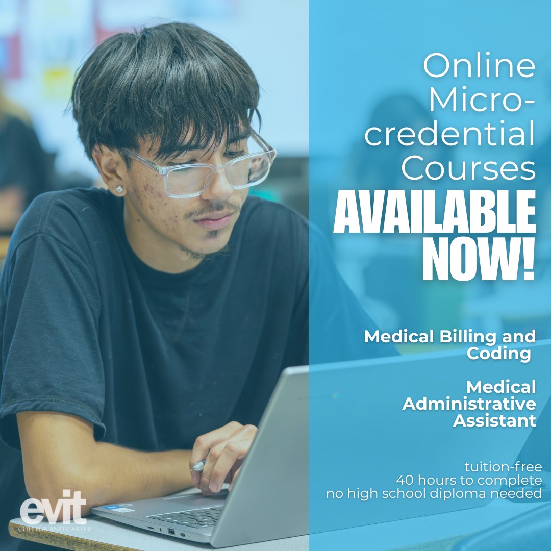 EVITnews's tweet image. Enroll now for micro-credential classes, 𝗠𝗲𝗱𝗶𝗰𝗮𝗹 𝗕𝗶𝗹𝗹𝗶𝗻𝗴 𝗮𝗻𝗱 𝗖𝗼𝗱𝗶𝗻𝗴 and 𝗠𝗲𝗱𝗶𝗰𝗮𝗹 𝗔𝗱𝗺𝗶𝗻𝗶𝘀𝘁𝗿𝗮𝘁𝗶𝘃𝗲 𝗔𝘀𝘀𝗶𝘀𝘁𝗶𝗻𝗴! ✅Online ✅Tuition Free ✅40 hours ✅High School diploma not required! Classes begin Nov 1st! evit.edu/enroll