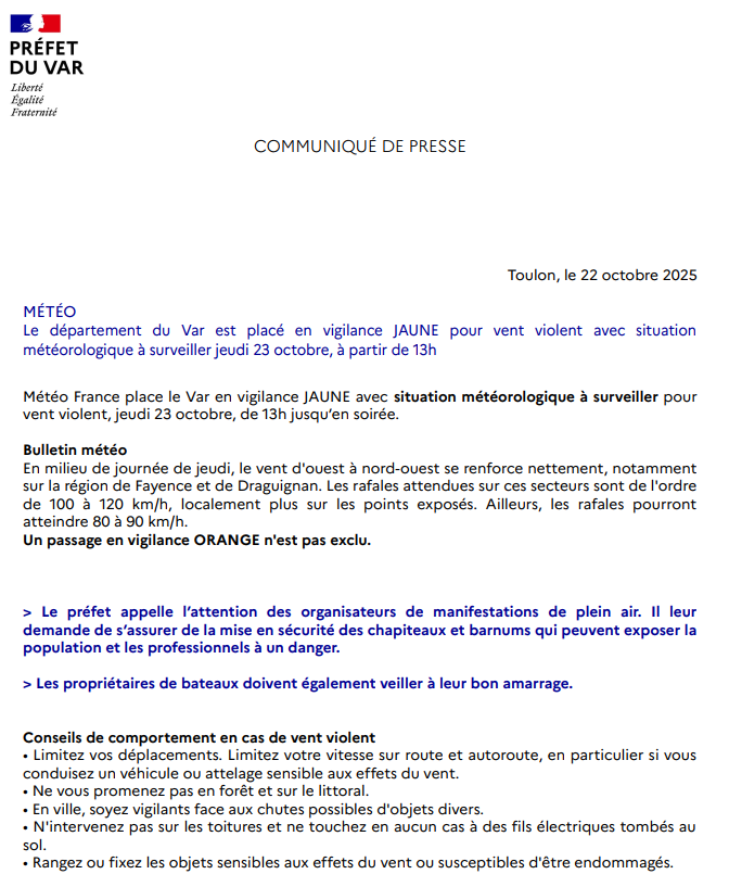#METEO83 | 🟡 Jeudi 23 octobre, à partir de la mi-journée, le #Var est placé en vigilance JAUNE pour vent violent.

➡️Rafales jusqu'à 100-120 km/h sur Draguignan et le Pays de Fayence. Ailleurs, 80 à 90 km/h.

🟠Un passage en vigilance ORANGE n'est pas exclu : restez informés