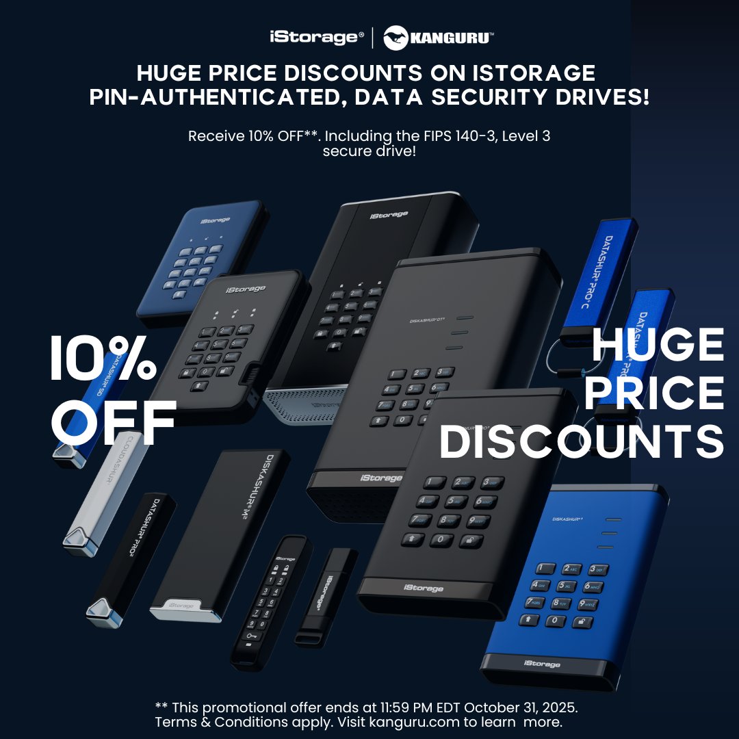 Get exclusive pricing on iStorage PIN-Authenticated drives! 

🛡️ Boost security &amp; meet FIPS 140-3 compliance easily. Plus, get an extra 10% OFF select drives. Offer ends Oct 31st (US/CA only).

Terms and Conditions: kanguru.com/pages/istorage…