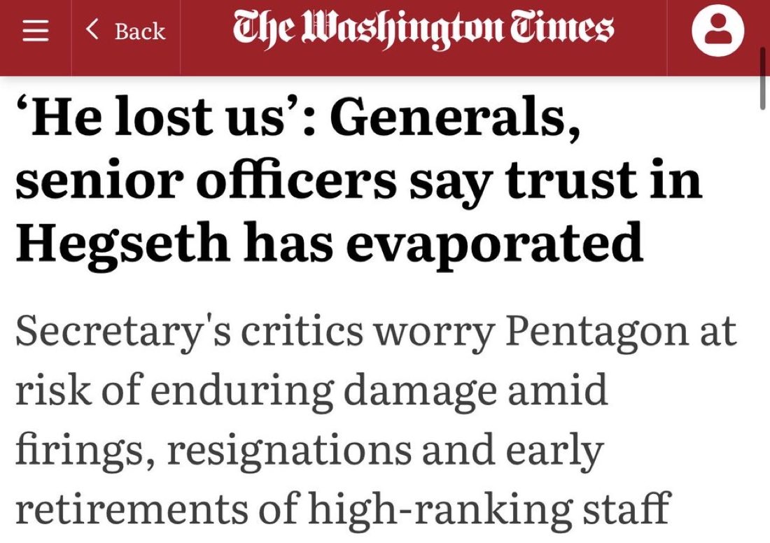 TheMaineWonk's tweet image. Hegseth is destroying the US Military.
This coming from the @WashTimes, one of the most conservative papers in the country.