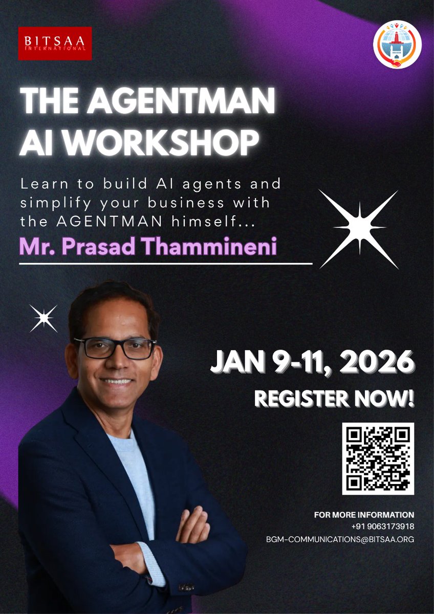 bgm2026Hyd's tweet photo. Donโt miss the Agentman AI Workshop at #BGM2026! Learn to build AI agents with no-code tools from Prasad Thammineni, CEO of Agentman.
๐ Register: https://t.co/fo9VkGbkip
#BGM #BITSAA #Innovation #AI https://t.co/LcLV1IUiOP
