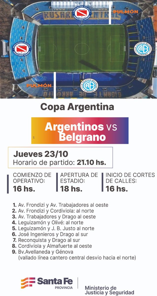 Ya se encuentran programados los cortes 🚧 para el Jueves 23/10 por el partido ⚽️ de <a href="/Copa_Argentina/">Copa Argentina AXION energy</a> entre <a href="/AAAJoficial/">Argentinos Juniors</a> y <a href="/Belgrano/">Belgrano</a>, el cual se realizará en cancha de <a href="/RosarioCentral/">Rosario Central</a> 

+Info 👉🏼 waze.com/es-419/events/…

<a href="/waze/">waze</a> <a href="/WazeArg/">Comunidad Waze Argentina</a>