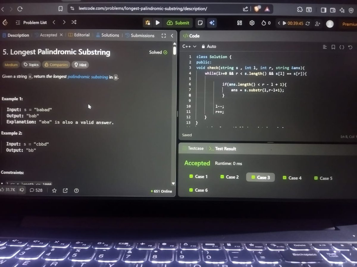 k_upadhyay_'s tweet image. 🎉 Just solved LeetCode #5 – Longest Palindromic Substring!

✅ Runtime: 0 ms
✅ All test cases passed
💡 Approach: Expand around each letter (and between letters) to find the longest palindrome. Simple, efficient, and O(n²) time!

#LeetCode #100DaysOfCode #Coding #Palindrome